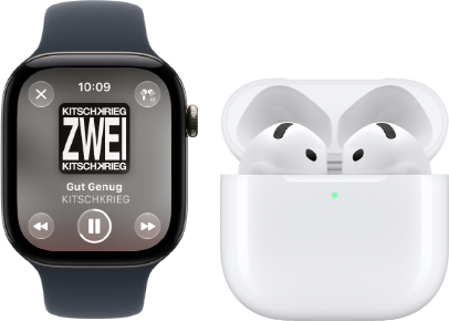 Apple Watch Series 12, Aluminiumgehäuse, Farbe Schwarz, Sportarmband Schwarz, Apple Music App geöffnet, gekoppelt mit AirPods 4
